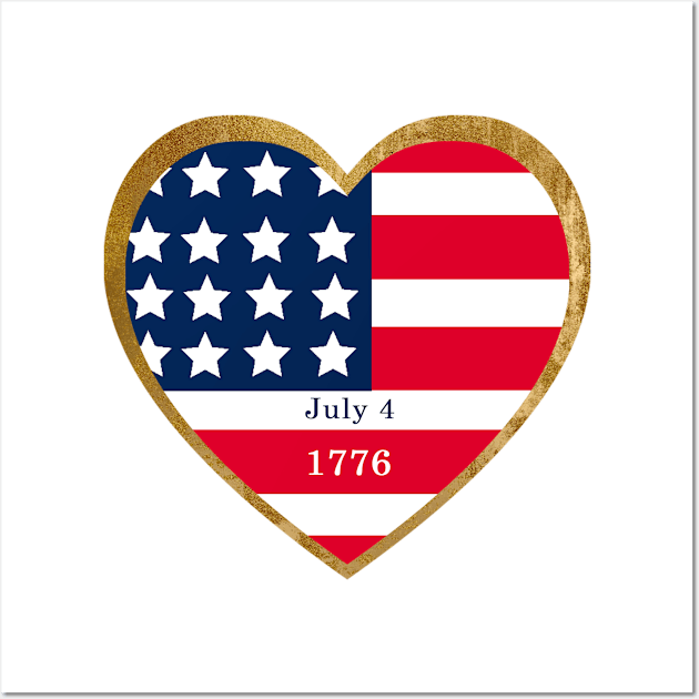 American Flag - Stars and Stripes red white blue in a gold heart  -  USA Independence Day Wall Art by Star58